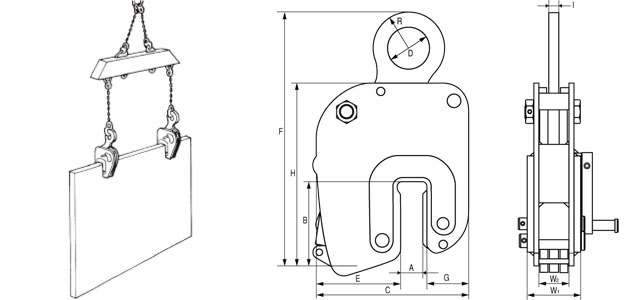 NNE型無傷豎吊鋼板鉗使用圖與尺寸圖：龍海起重工具
